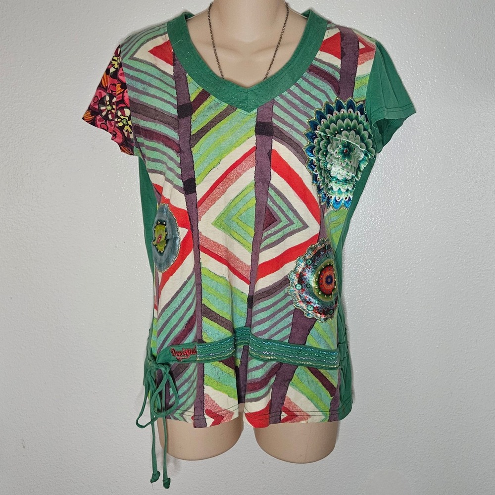 Desigual Patchwork V Neck Tee Top - image 1